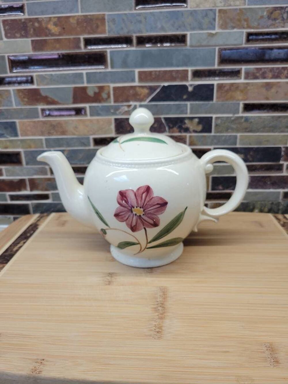 Vintage Shawnee Pottery Teapot Cream Hand Painted Pink Flower USA Mid Century
